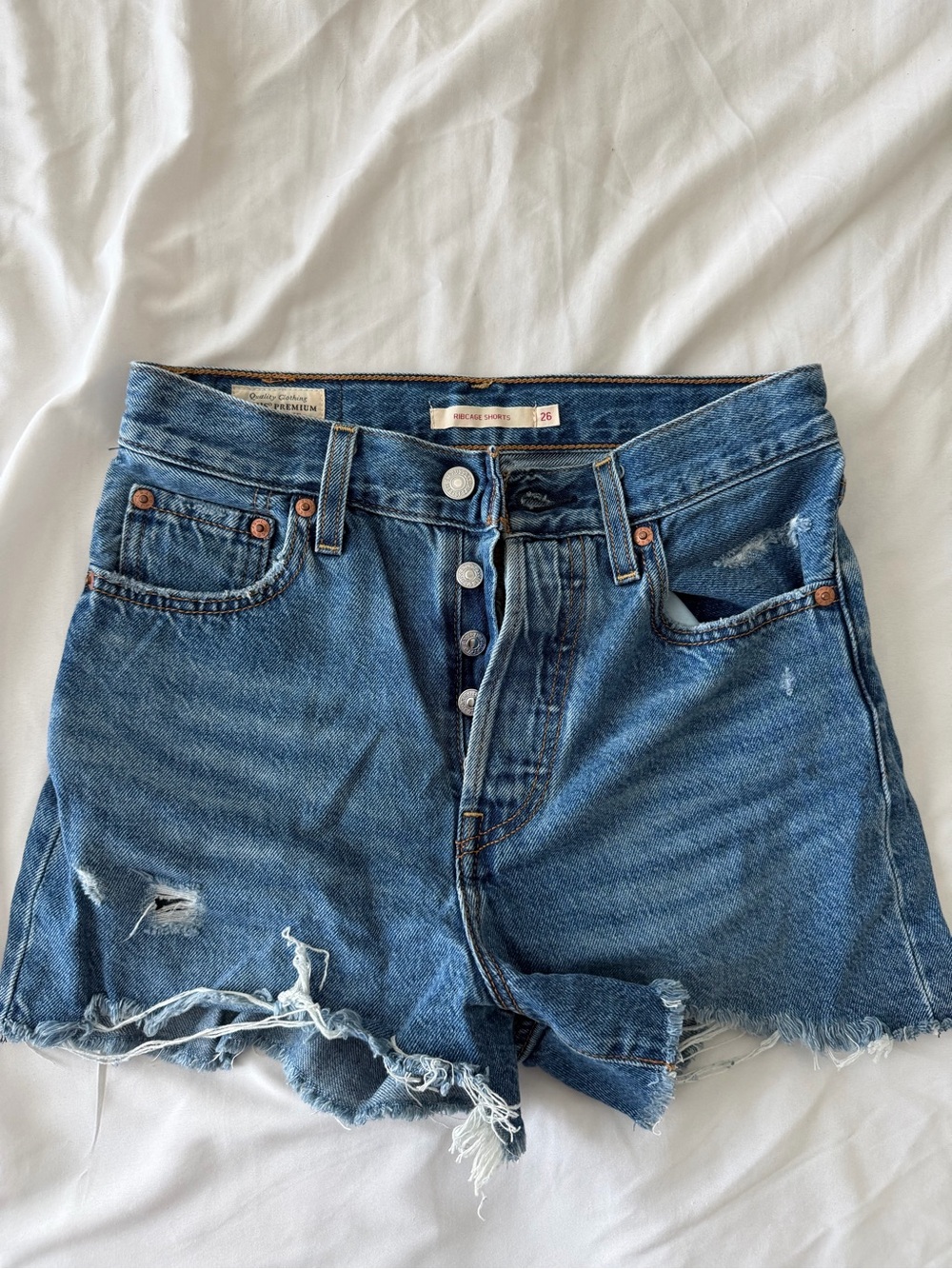Levi's Blue High-Waist Distressed Denim Shorts